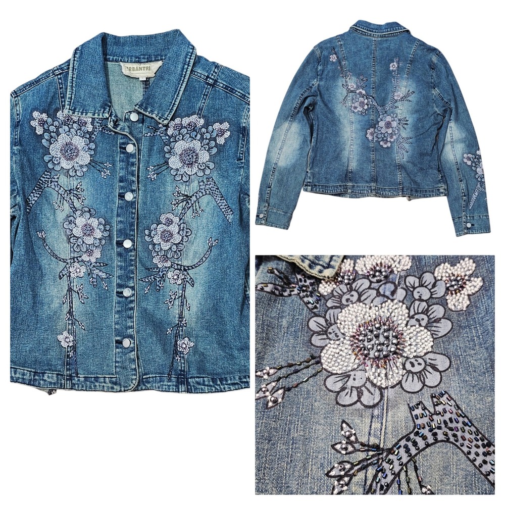 Urbantribe Denim Jacket Women S Blue Beaded Floral Embroidered Boho Y2K Festival